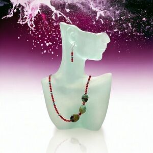 Authentic Coral and Turquoise Stones 16” Necklace and Dangling Earrings Set NEW!